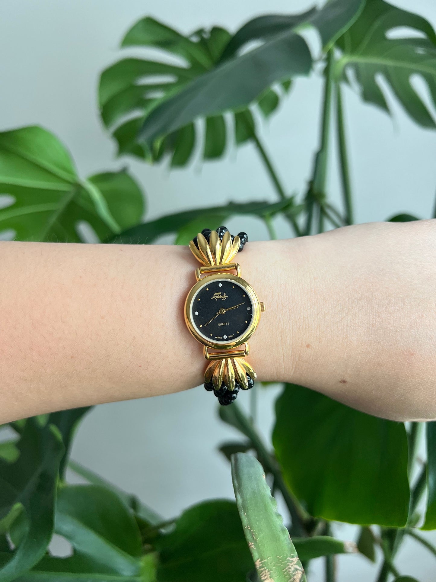 Vintage Faberge Women’s Watch | Round Black Dial | Gold Tone | Beaded Black Band | NON-WORKING