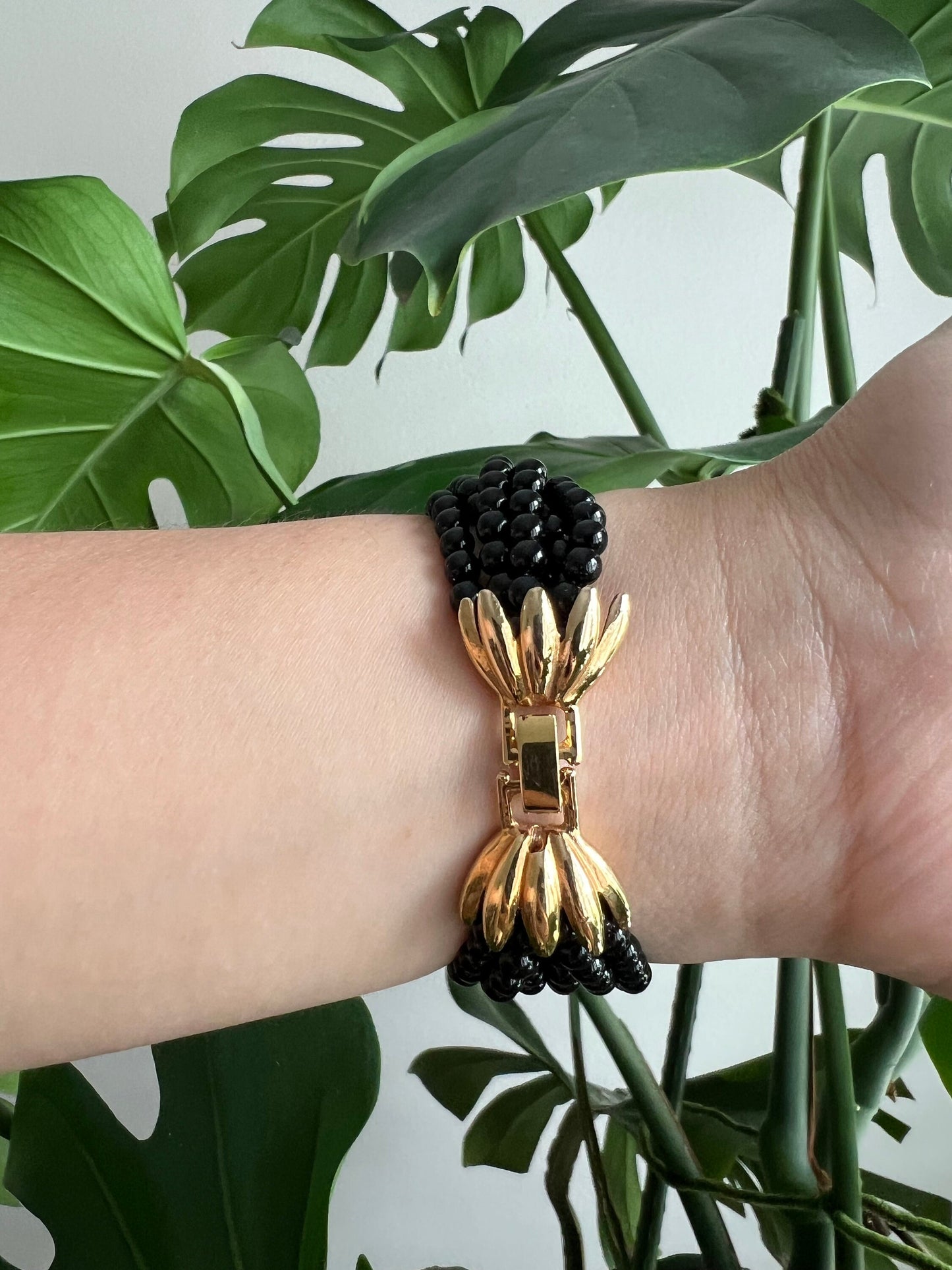 Vintage Faberge Women’s Watch | Round Black Dial | Gold Tone | Beaded Black Band | NON-WORKING