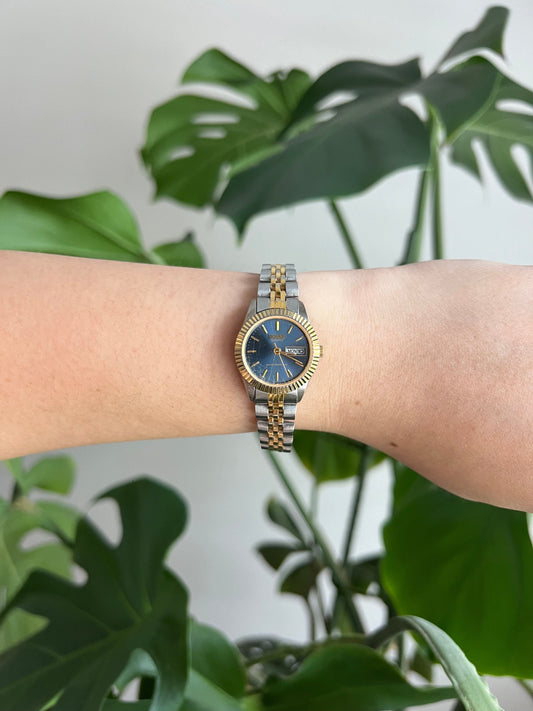 Vintage Sharp Dainty Women’s Watch | Round Blue Dial | Gold Bezel | Gold/Silver Tone