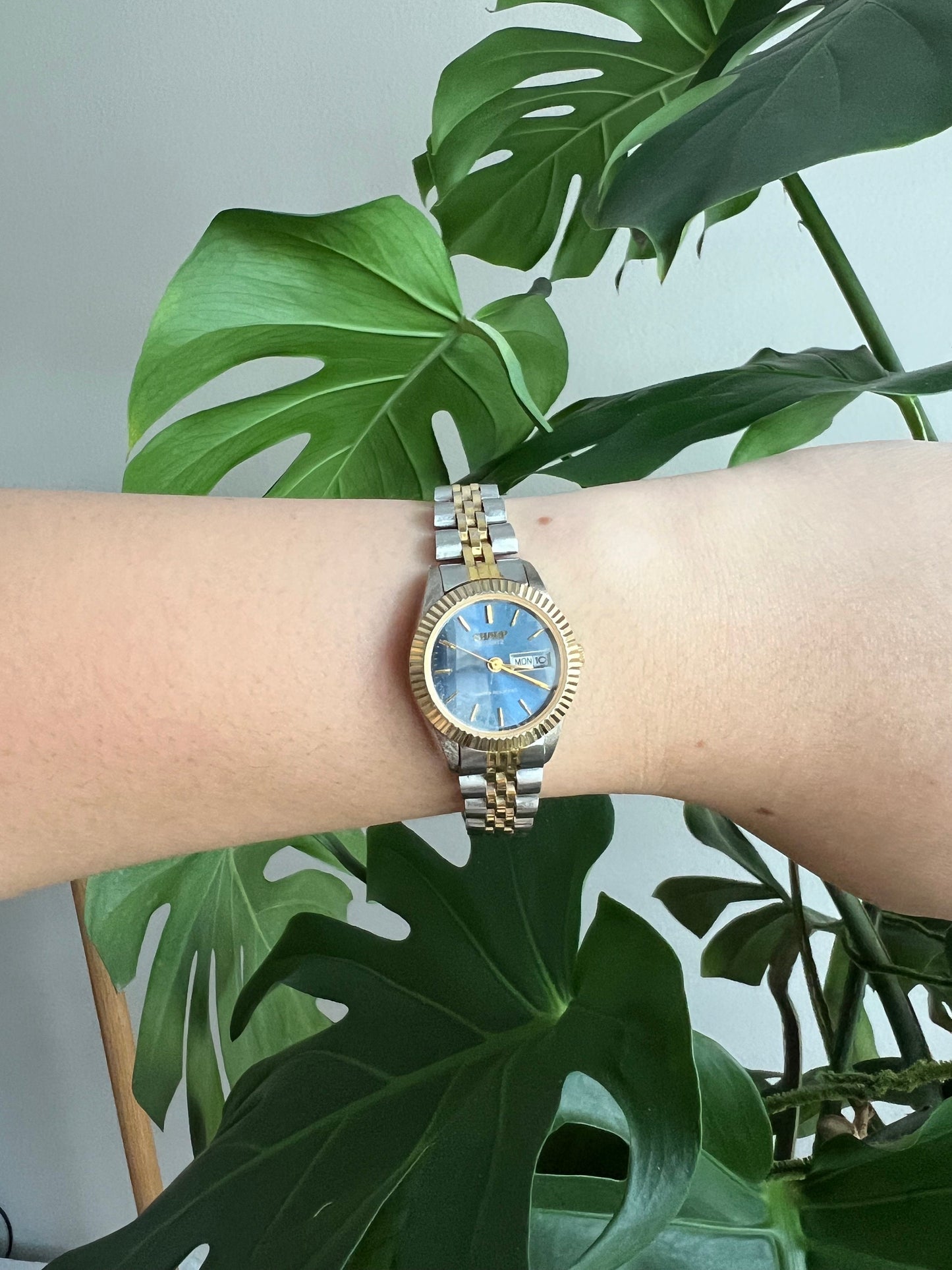 Vintage Sharp Dainty Women’s Watch | Round Blue Dial | Gold Bezel | Gold/Silver Tone