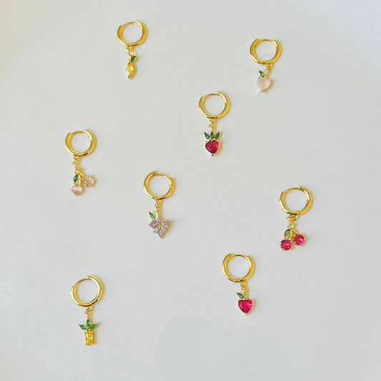 Dainty Fruit Hoop Earrings | Pineapple, Strawberry, Peach, Pink Cherry, Red Cherry, Apple, Lemon, Grape | 18K Gold Filled | Hypoallergenic