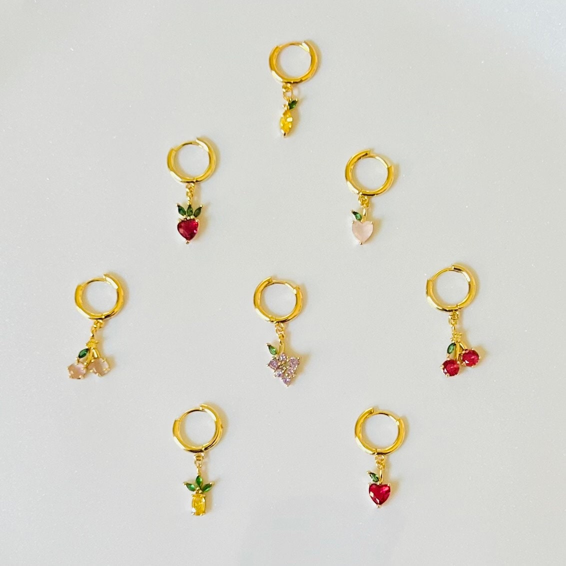 Dainty Fruit Hoop Earrings | Pineapple, Strawberry, Peach, Pink Cherry, Red Cherry, Apple, Lemon, Grape | 18K Gold Filled | Hypoallergenic