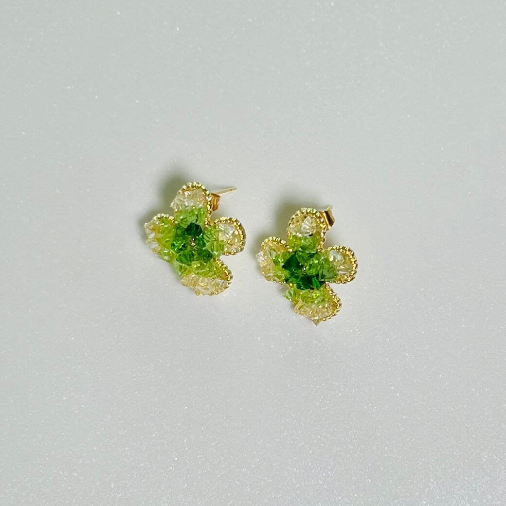 Pendant Stud Green Crystal Flower Earrings | 18K Gold Plated | Hypoallergenic