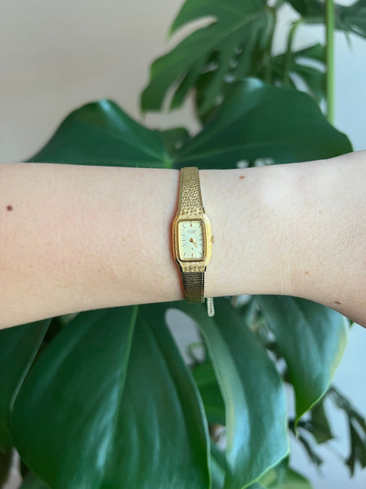 Vintage Citizen Quartz Dainty Women’s Watch | Rectangle Gold Dial | Gold Tone