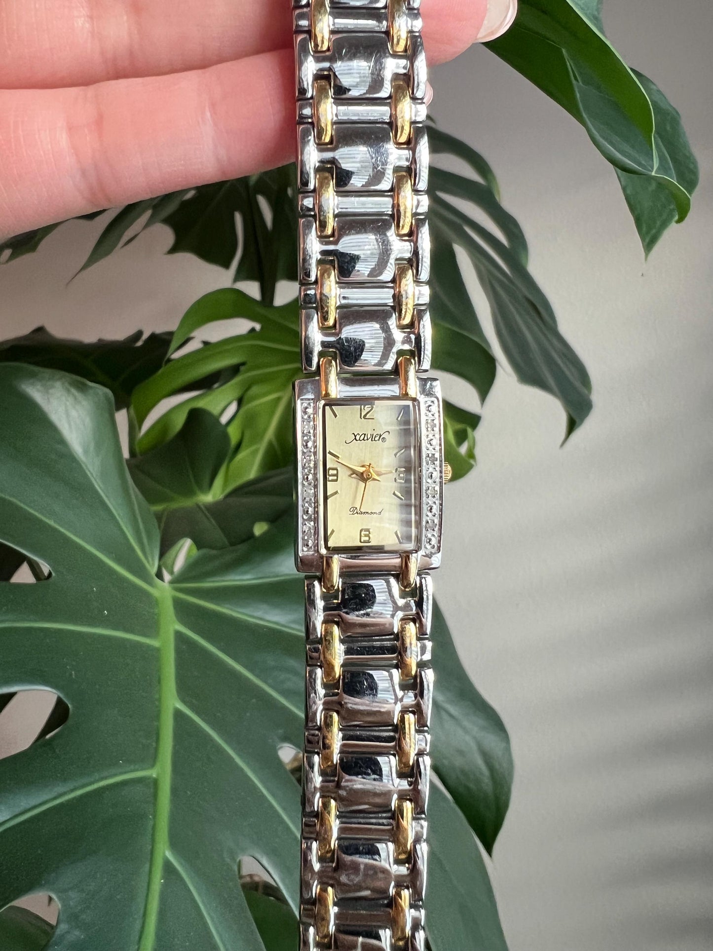 Vintage Xavier Diamond Dainty Women’s Watch | Diamond Bezel Design | Rectangle Gold Dial | Silver/Gold Tone