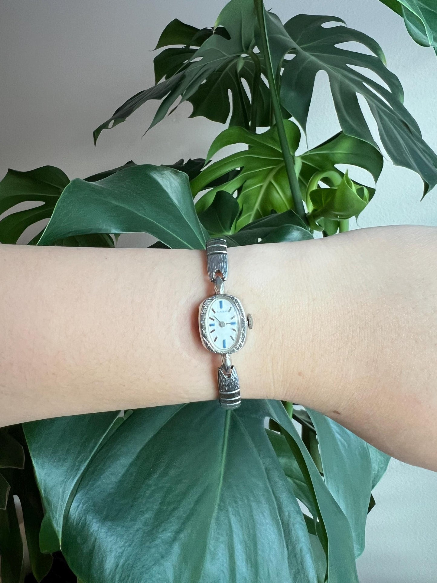 Vintage Timex Dainty Women’s Watch | Oval White Dial | Light Blue Details | Mechanical Hand-Wind | Silver Tone | Stretchy Band