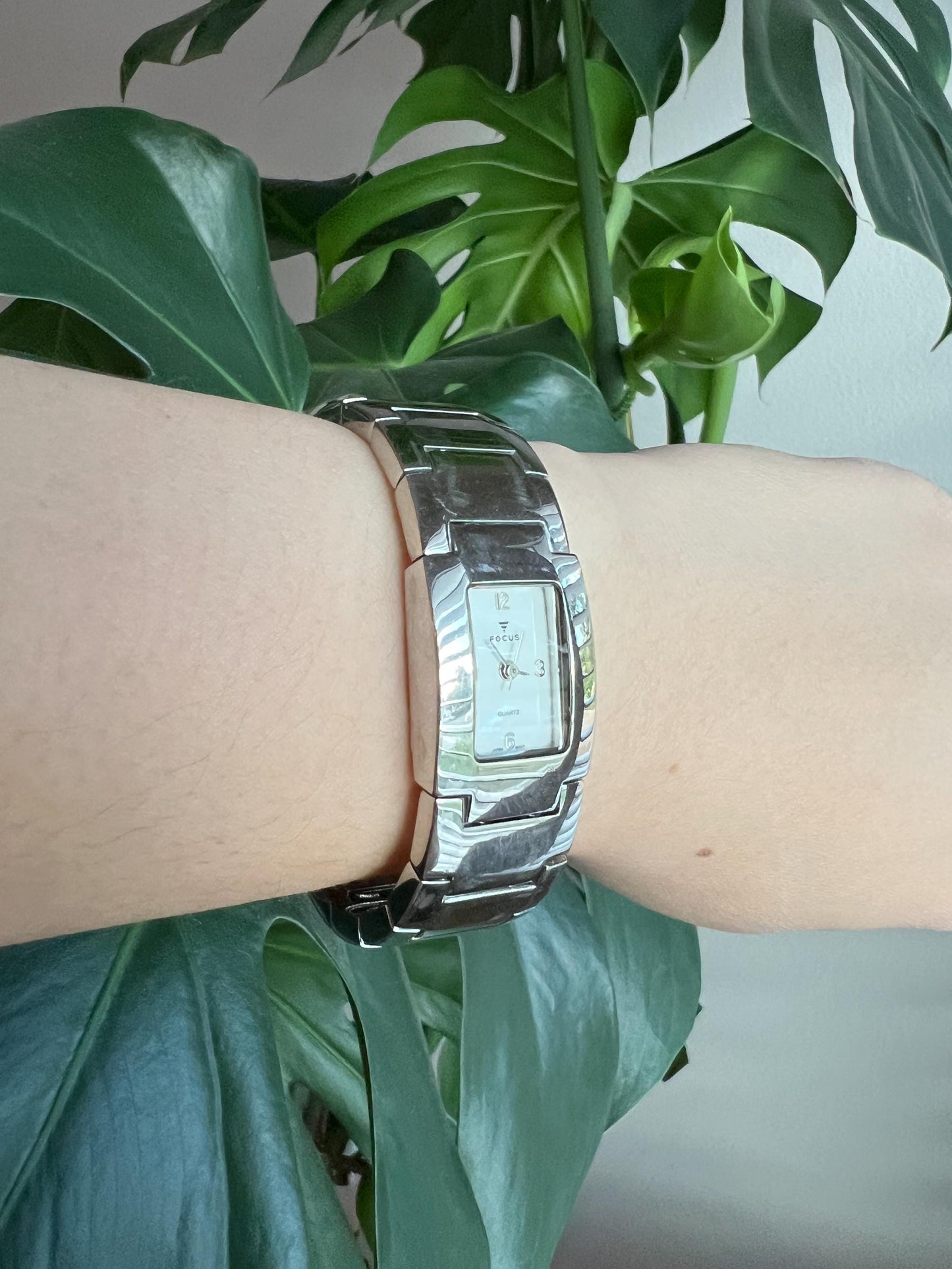 Vintage Focus Chunky Women’s Watch | Rectangle White Dial | Silver Tone | Bangle Watch