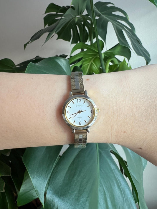 Vintage Carriage Quartz Dainty Women’s Watch | Round White Dial | Silver/Gold Tone | Stretchy Band | NON-WORKING