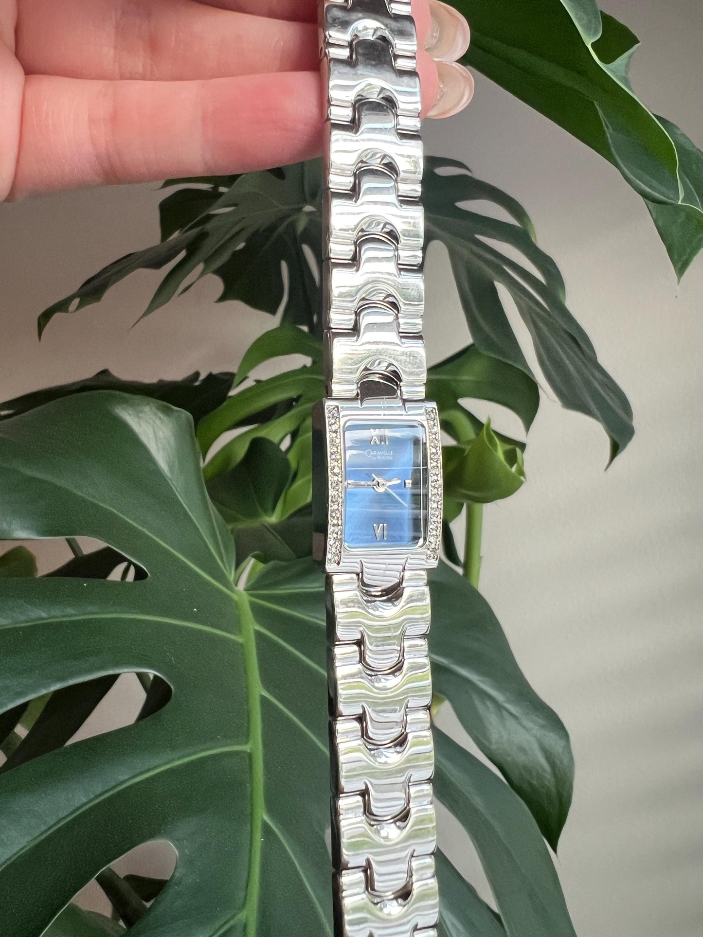 Vintage Caravelle by Bulova Dainty Women’s Watch | Crystal Bezel Design | Rectangle Blue Dial | Silver Tone