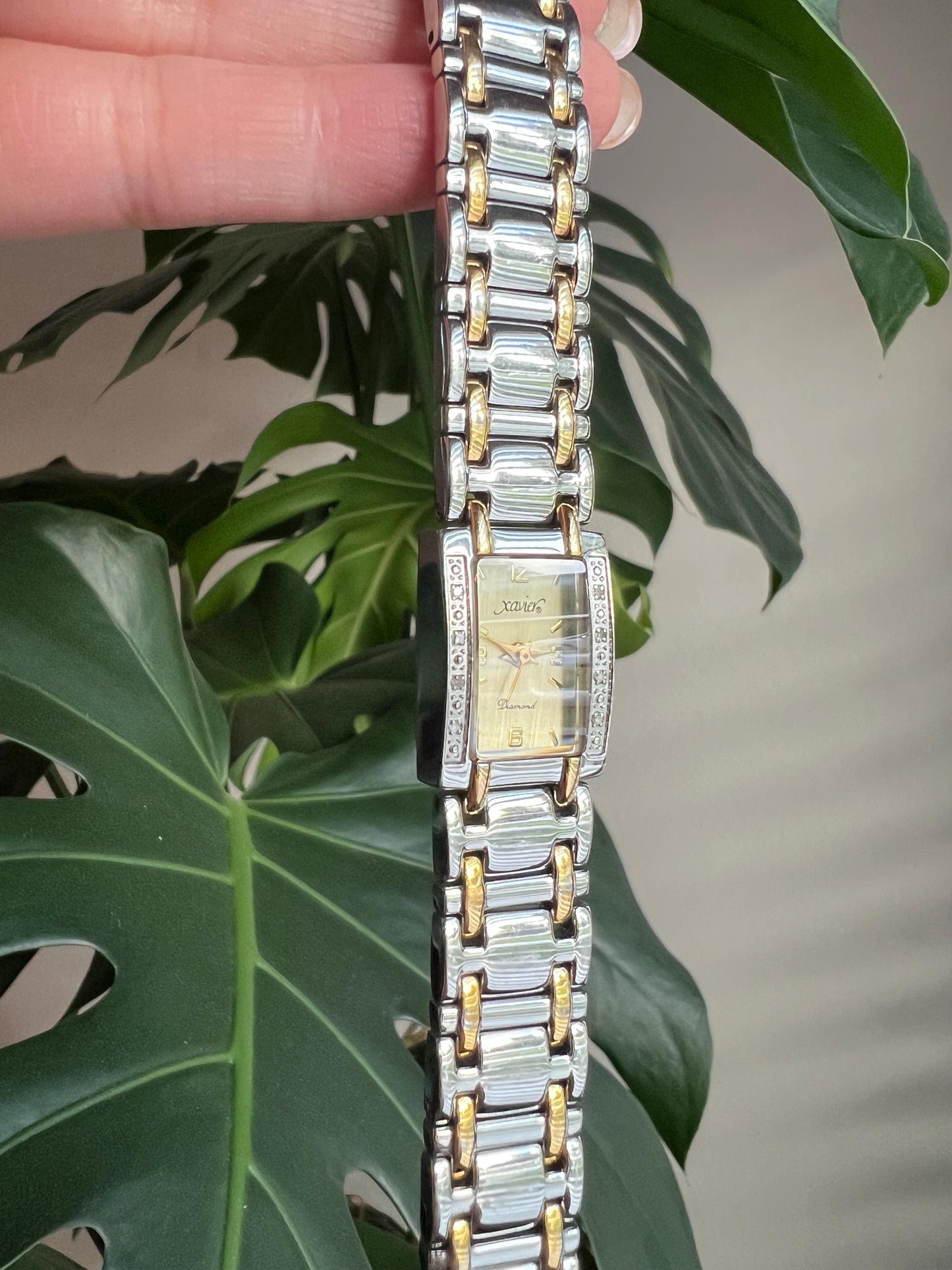 Vintage Xavier Diamond Dainty Women’s Watch | Diamond Bezel Design | Rectangle Gold Dial | Silver/Gold Tone