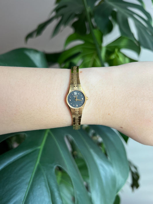 Vintage Bulova Dainty Women’s Watch | Round Black Dial | Gold Tone | Non-Working